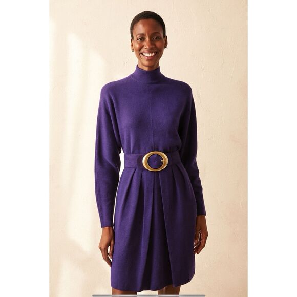 ST JOHN VTG 80S DRESS SANTANA KNIT TULIP PLEATED FRONT BELTED MOCK NECK PURPLE 4 - Picture 1 of 13